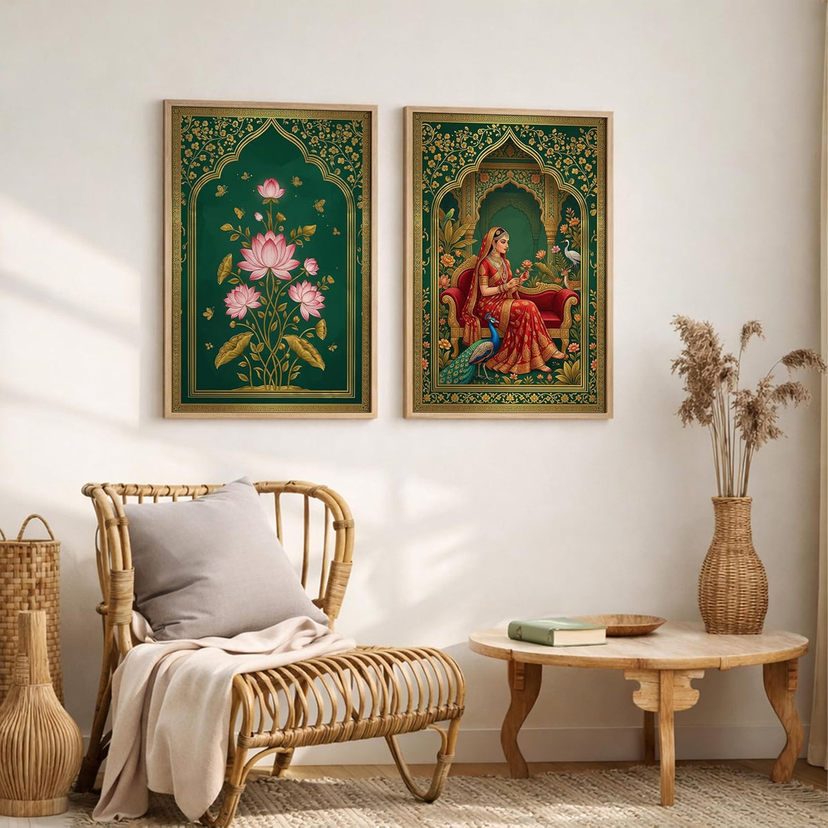 Rajasthani Rani Lotus Flower Wall Art Painting | Set of 2 Framed Paintings | Mughal Indian Decor for Living Room Bedroom Home Office | (ART 7, 13x19 INCHES)
