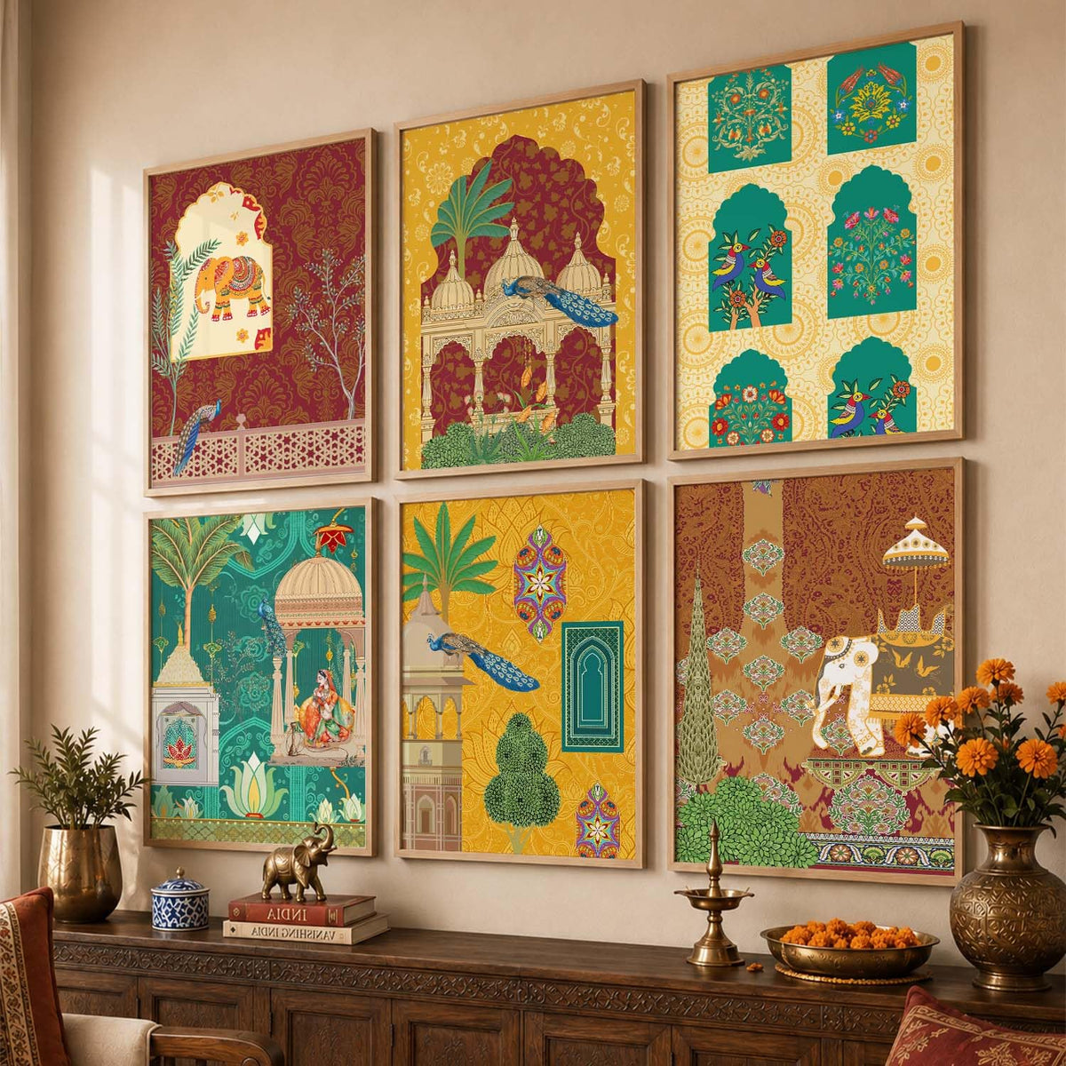 Indian Madhubani & Pichwai Wall Art | Traditional Framed Paintings for Living Room, Bedroom & Office Decor | Set of 6, 10x13 Inch