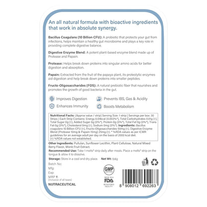 Wellbeing Nutrition Melts Healthy Gut | To Curb Indigestion, Gas, Acidity and Bloating, Gut Health Supplement with 10 Billion CFU Probiotics, Digestive Enzymes (30 Oral Strips)