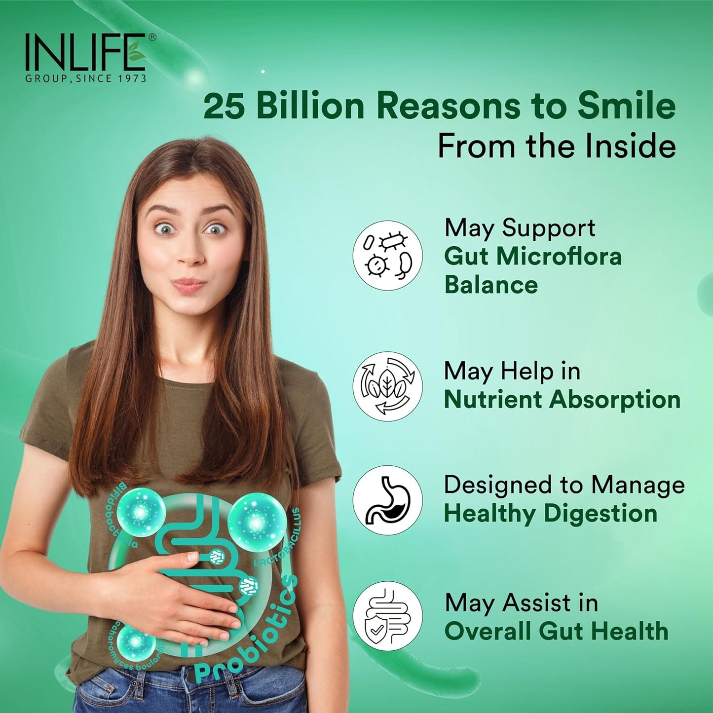 Person wearing a shirt with probiotic graphics and text about health benefits on a green background
