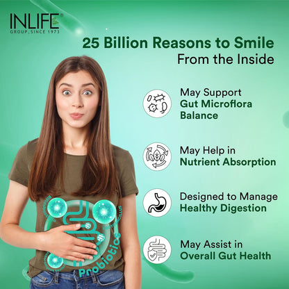 Person wearing a shirt with probiotic graphics and text about health benefits on a green background
