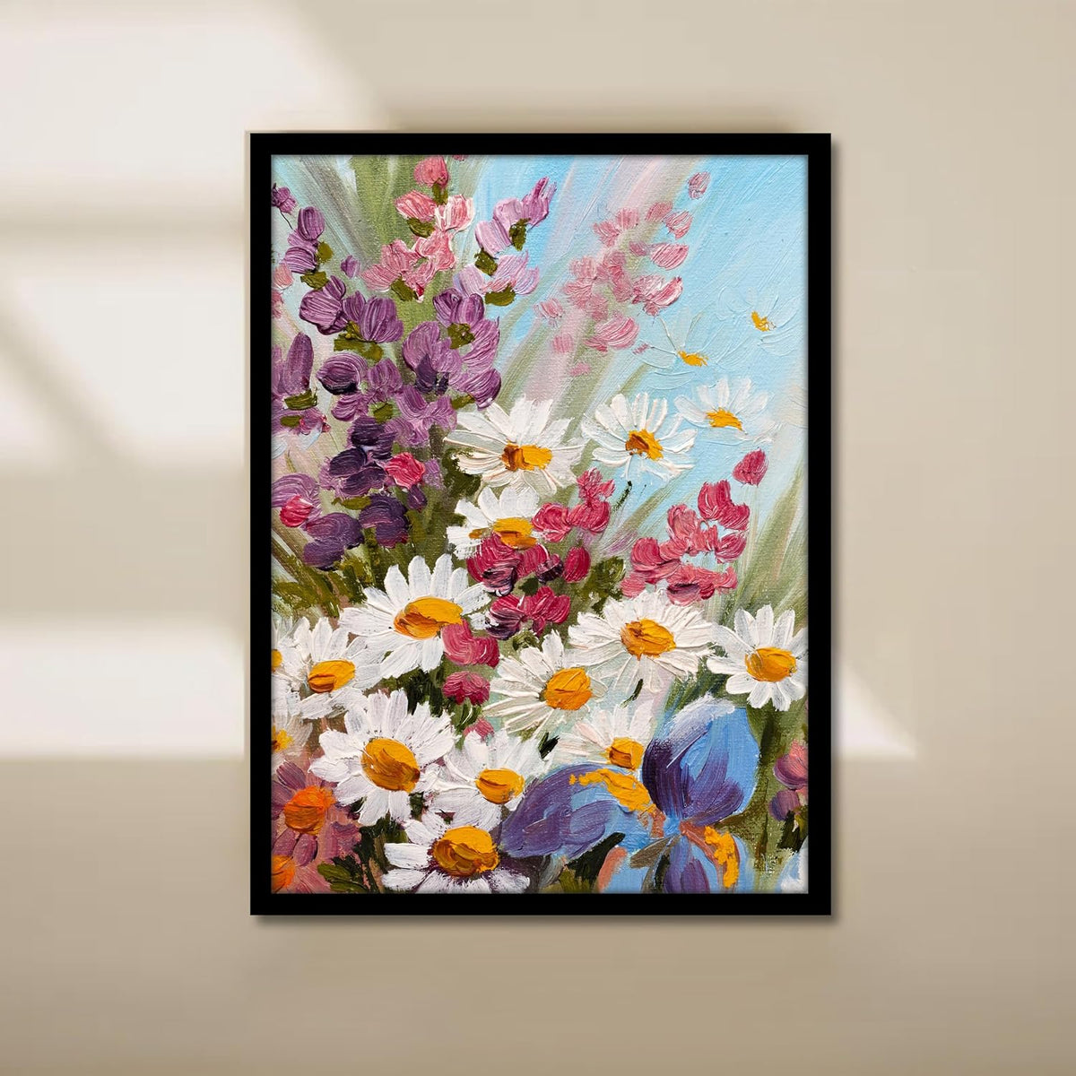 White Sunflowers Floral Framed Wall Art Painting for wall decoration, Multicolour MultiFlowers Painting with frame for living room, bedroom, Home and Office, 9x13 Inch