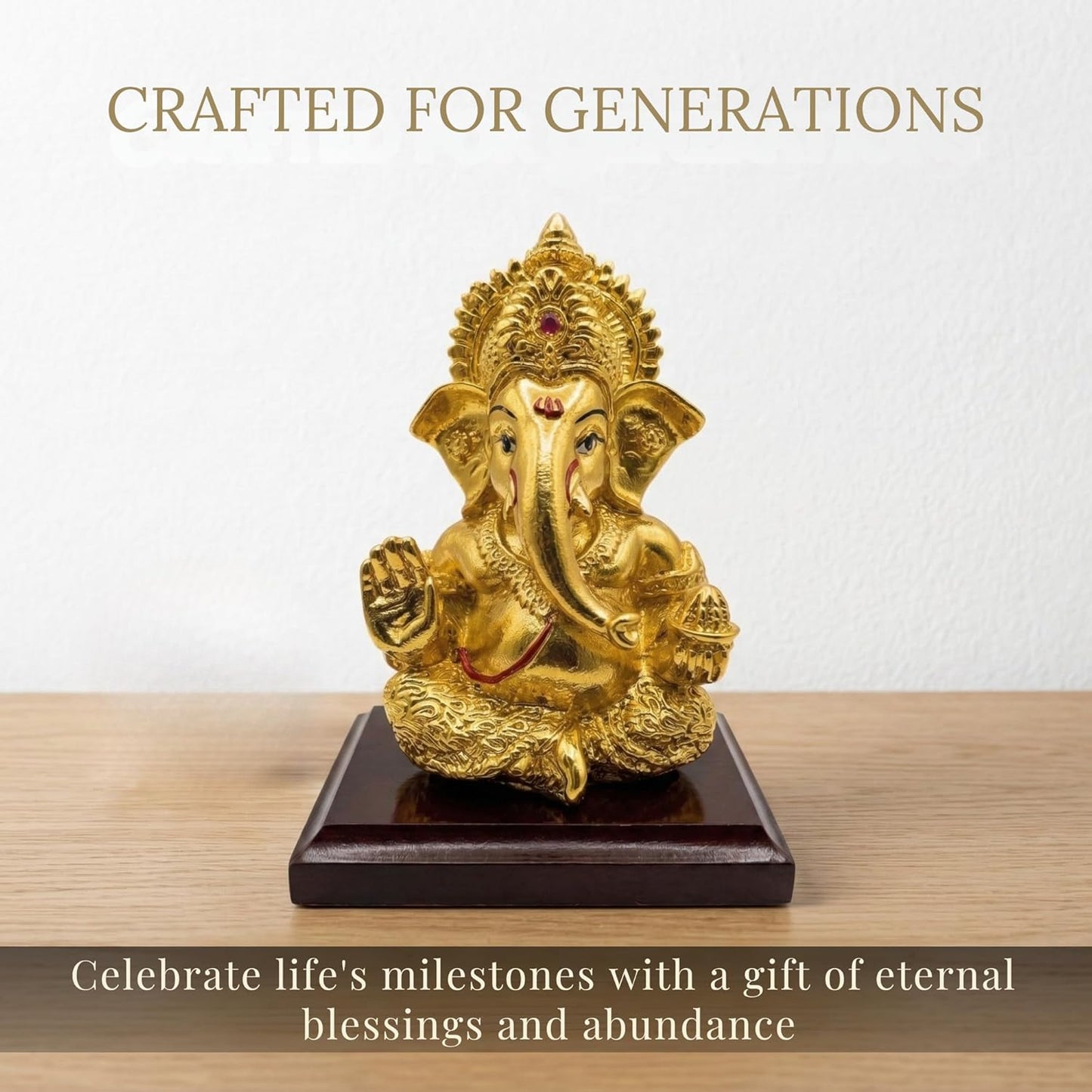 Dev Aastha 24K Gold Plated Ganesha Idol - 4 Inch Divine Seated Ganpati Statue on Premium Wooden Base - Auspicious Vastu Home Decor and Spiritual Gift with Anti-Tarnish Finish