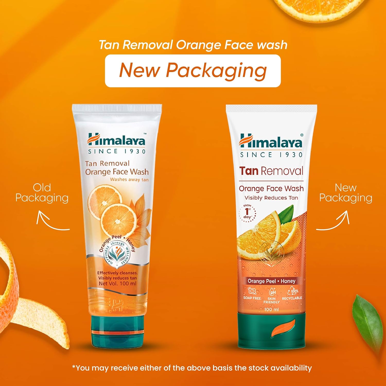 Himalaya Tan Removal Orange Face Wash with old and new packaging on an orange background