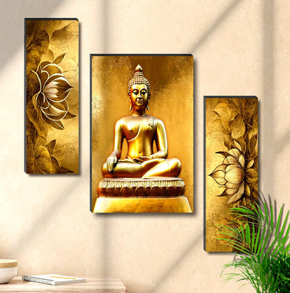 Golden Buddha & Lotus Wall Art – 3-Panel UV-Printed Spiritual Triptych | Ready-to-Hang Divine Meditation & Home Décor (20 Inch x 12 Inch) JM-35306