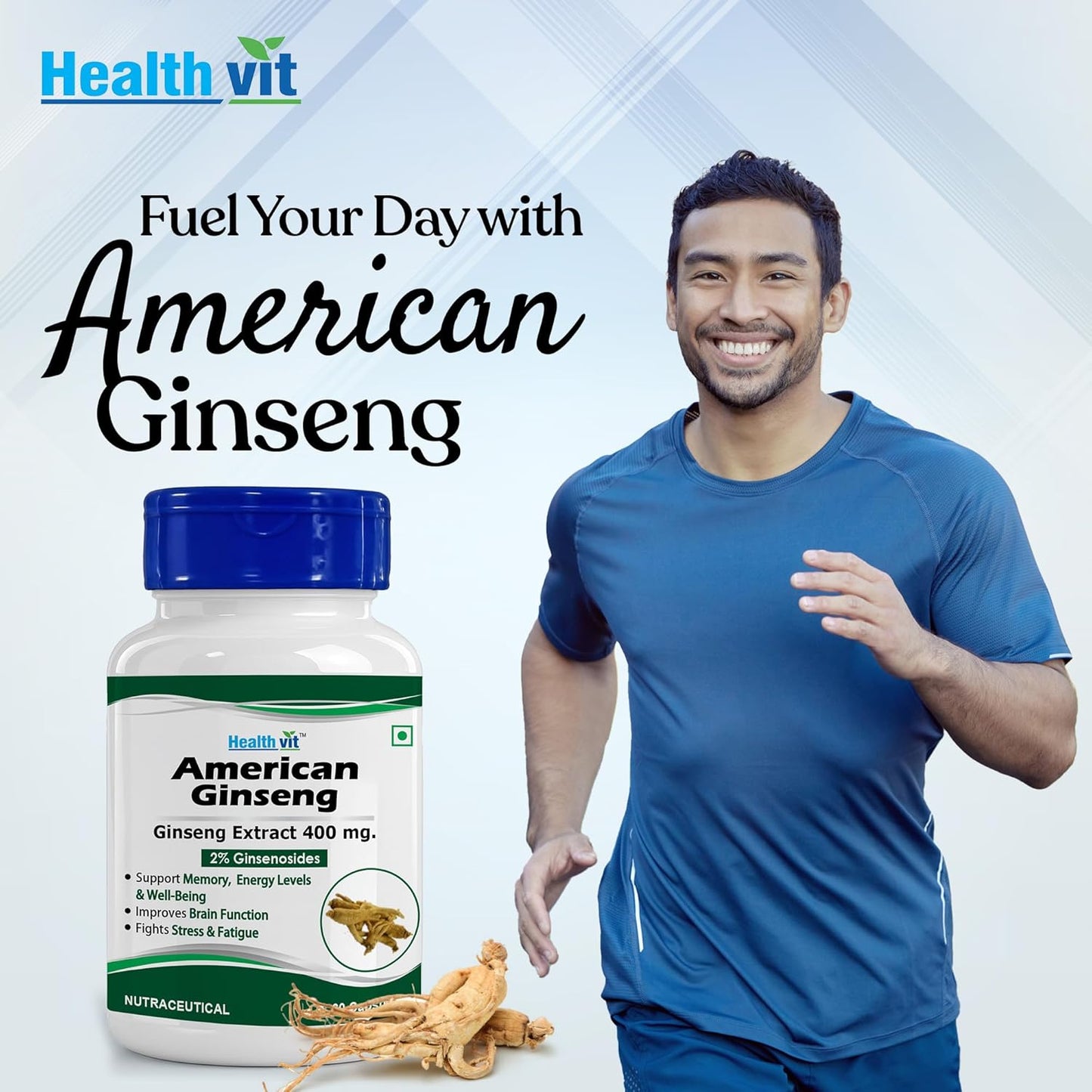 Healthvit American Ginseng supplement with a man in athletic wear on a light blue background