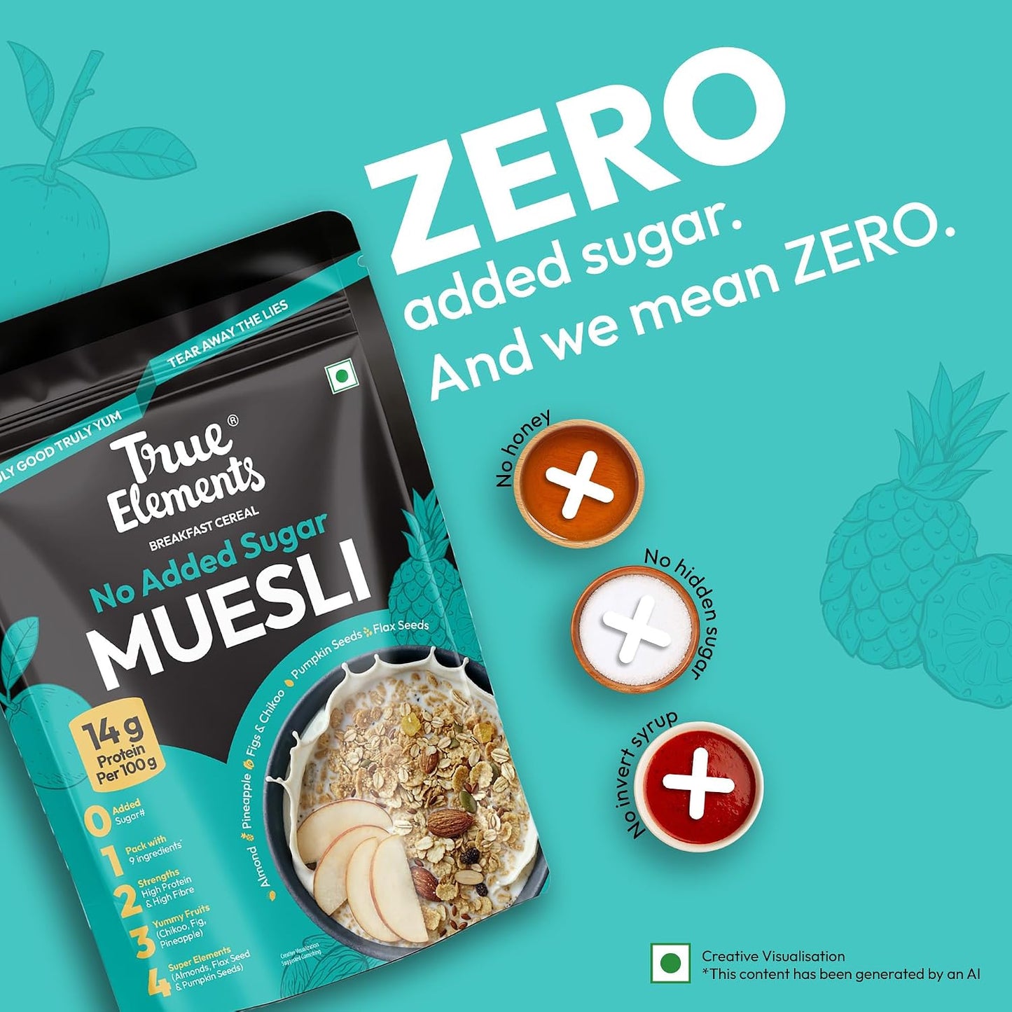 True Elements No Added Sugar Muesli 1kg - Protein muesli -14g protein per 100g | Clean Label Breakfast Cereal | No hidden sugar | Millet Muesli with Jowar | High Fibre