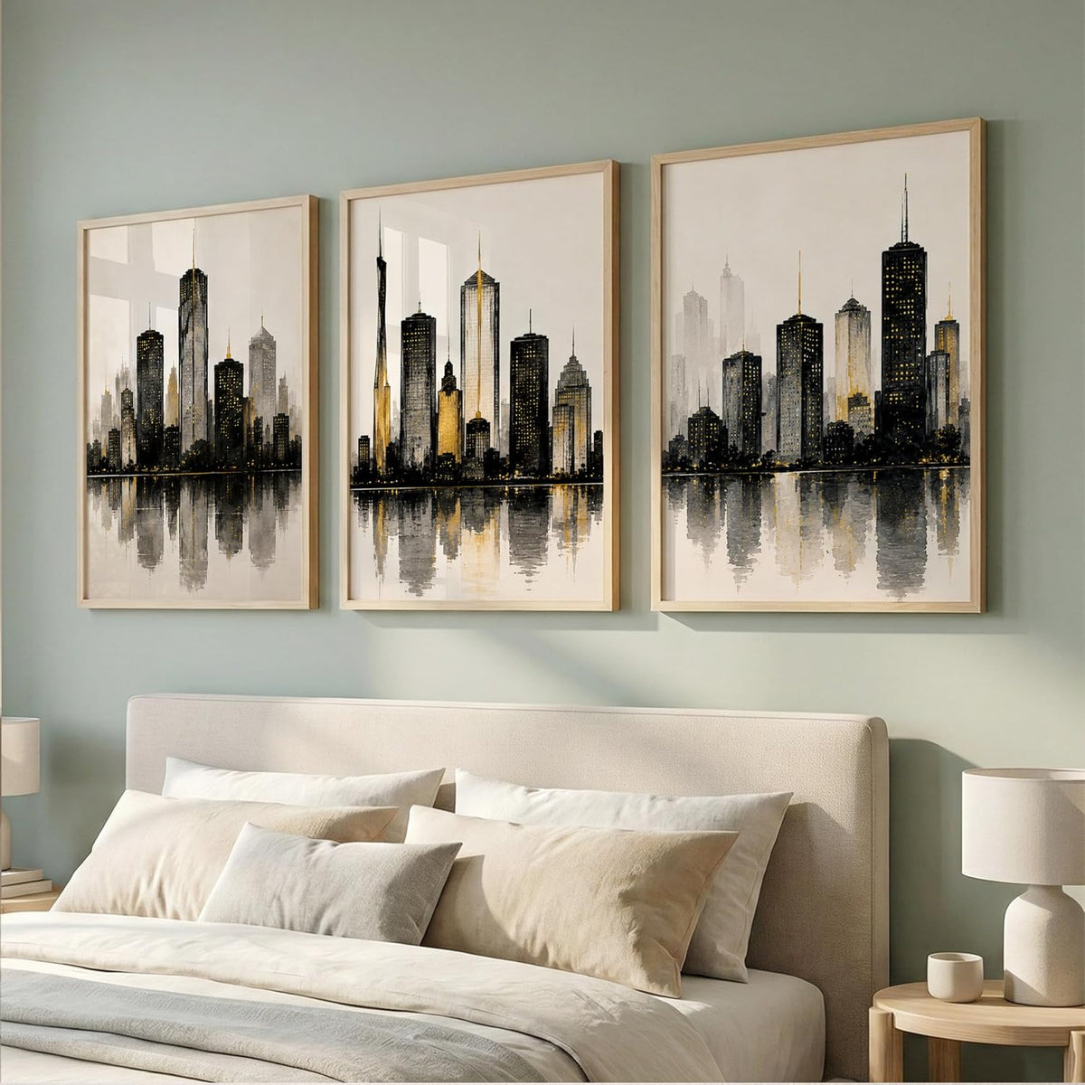 Set of 3 Modern City Skyline Wall Art Paintings for Living Room | Luxury Urban Cityscape Wall Decor | Framed Wall Paintings for Bedroom, Office, Hall & Home Decoration (13x19 Inches)