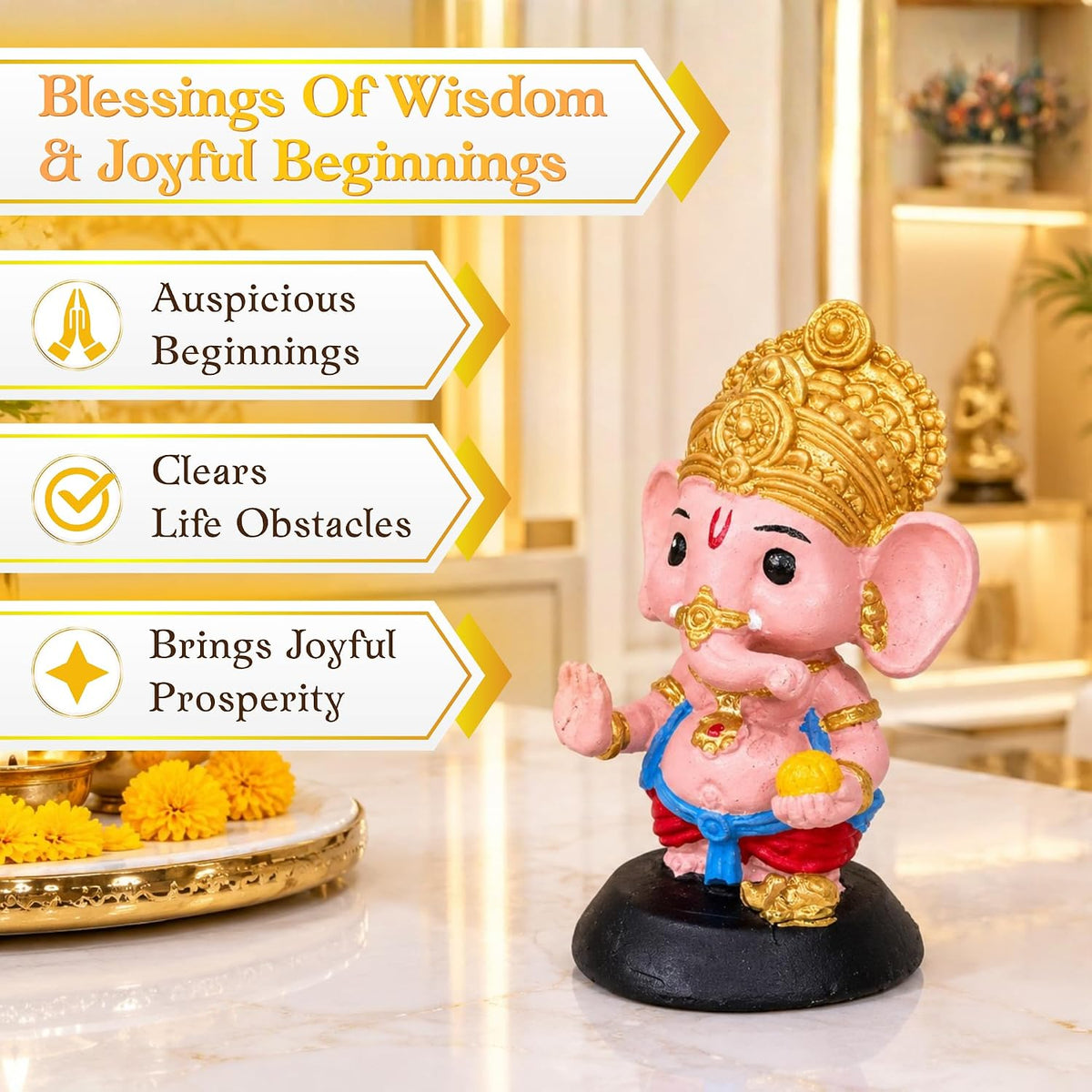 Cute Bal Ganesha Idol for Car Dashboard, 10 cm Baby Ganpati Resin Statue, Hand Painted Ganesh Murti for Home Mandir, Office Desk & Gifting