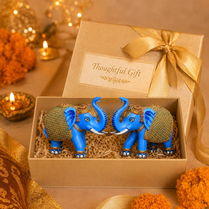 Blue Gold Mini Elephant Showpiece Pair, Car Dashboard, 3 Inch