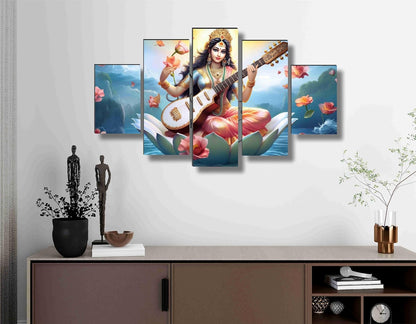 Saraswati ma Paintings for Living Room | Painting for Wall Decoration | 3D Wall Art for Bedroom | lord Saraswati Religious Wall Painting Set of 5 (75 x 45 cms) SANFPNLS35507