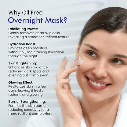 Woman applying oil-free overnight mask with text explaining benefits on a light gray background