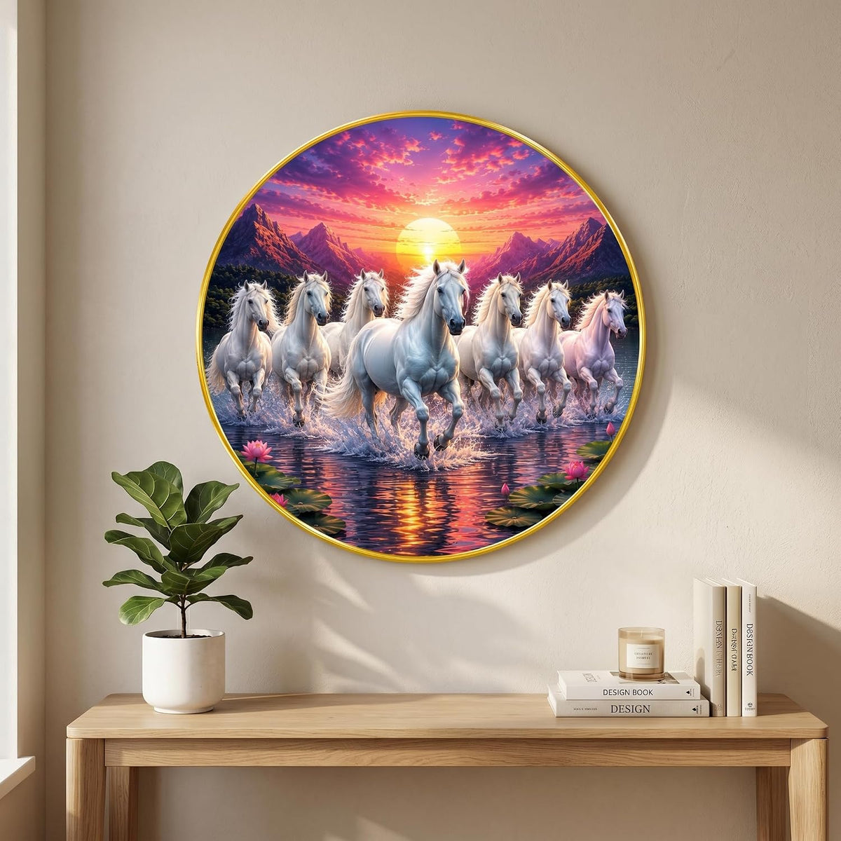 7 Horse Vastu Round Wall Painting with Premium PVC Golden Frame, White Running Horses Mountain Sunrise Lake Art for Living Room Office Home Decor Gift (20 x 20 Inch) GRL-441