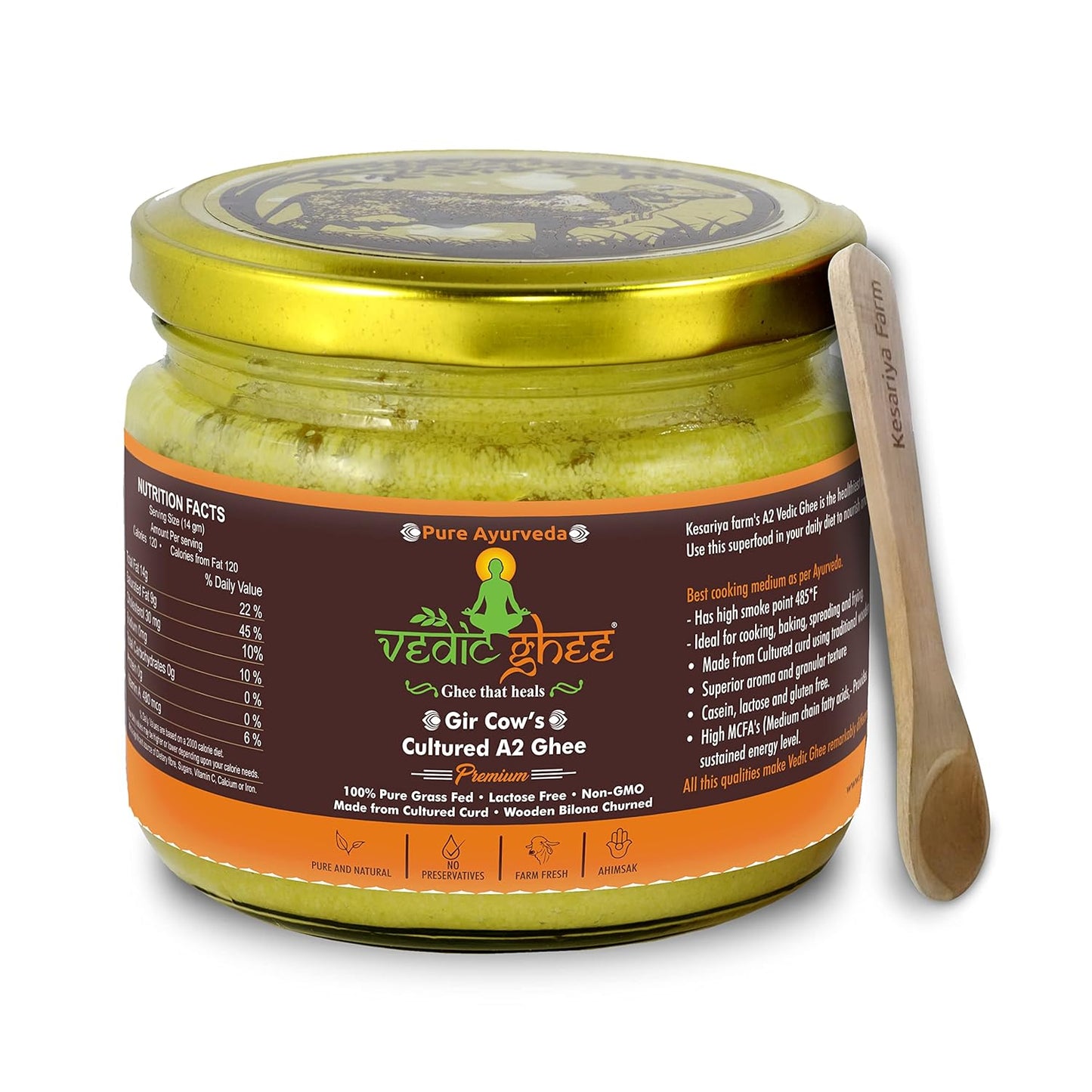 Vedic Ghee Premium A2 Gir Cow Cultured Desi Ghee from Kesariya Farm | Vedic Bilona Two Way Churned | Indian Gir Cow Ghee, Pure A2 Ghee, Natural & Healthy, Non-GMO | Lab Certified