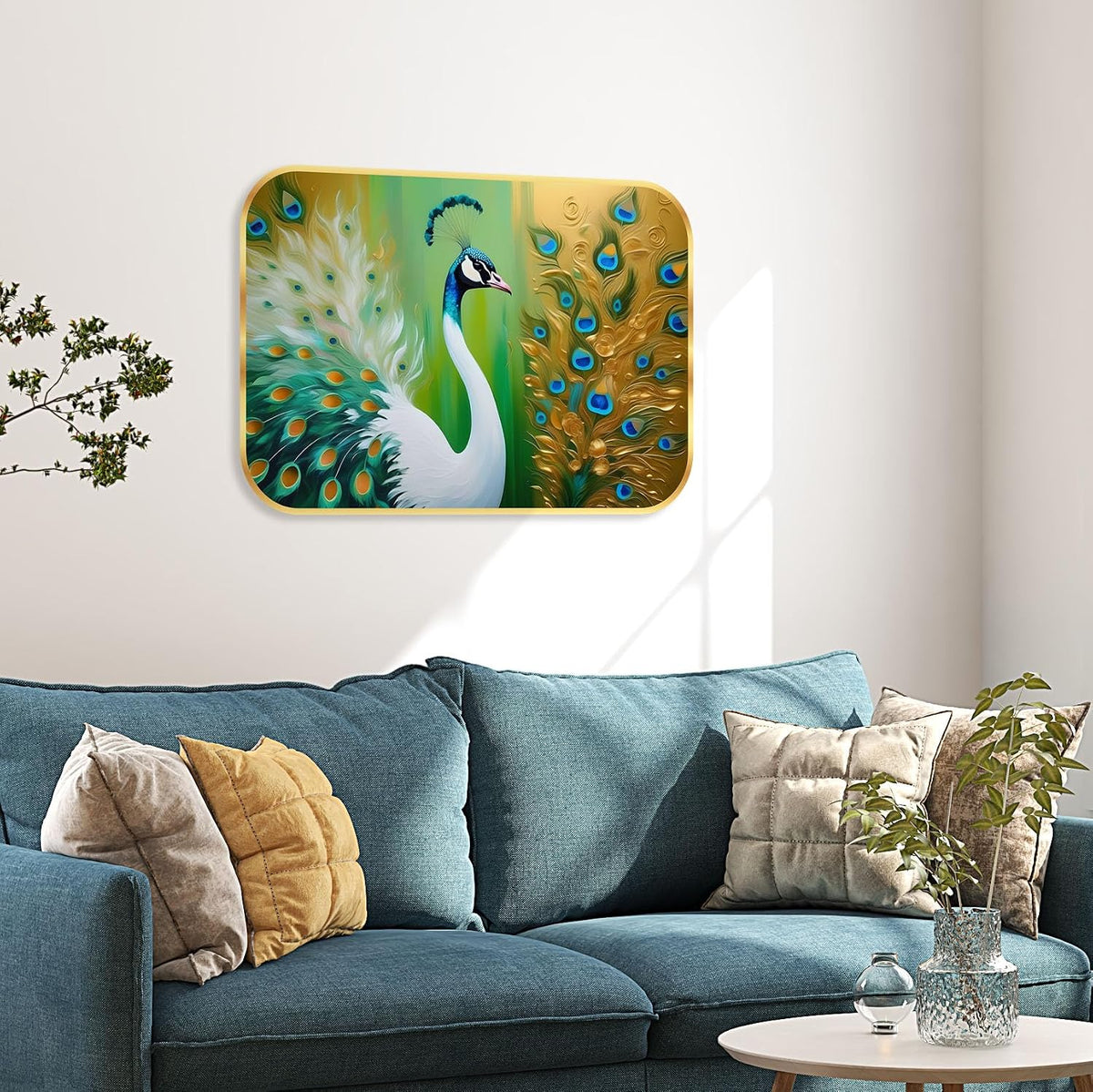 beautiful peacock modern art Premium Sparkle Lamination Finished Surface Golden Slim Frame 35 cm x 28 cm Large Size, For Home/Office/Hotel painting KG57