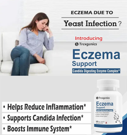 Advertisement for Trexigenics Eczema Support with a woman sitting on a couch.