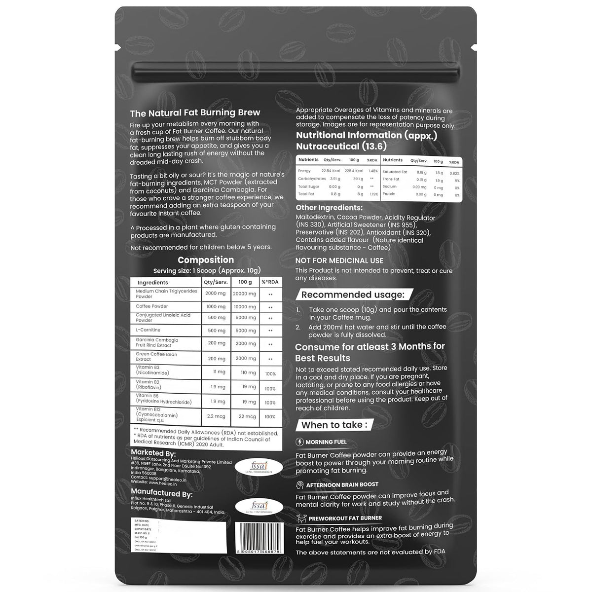 HEALEO Fat Burner Coffee 150g for Men & Women – Instant Coffee with MCT, L-Carnitine, Garcinia Cambogia & Green Coffee Bean Extract | Supports Healthy Weight Management