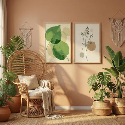 Minimalist Botanical Wall Art Set of 2, Green Leaf & Floral Line Art Prints, Beige Wooden Framed Decor for Living Room, Bedroom & Office, Ready to Hang (Natural, Art-1, 13x10 Inch)