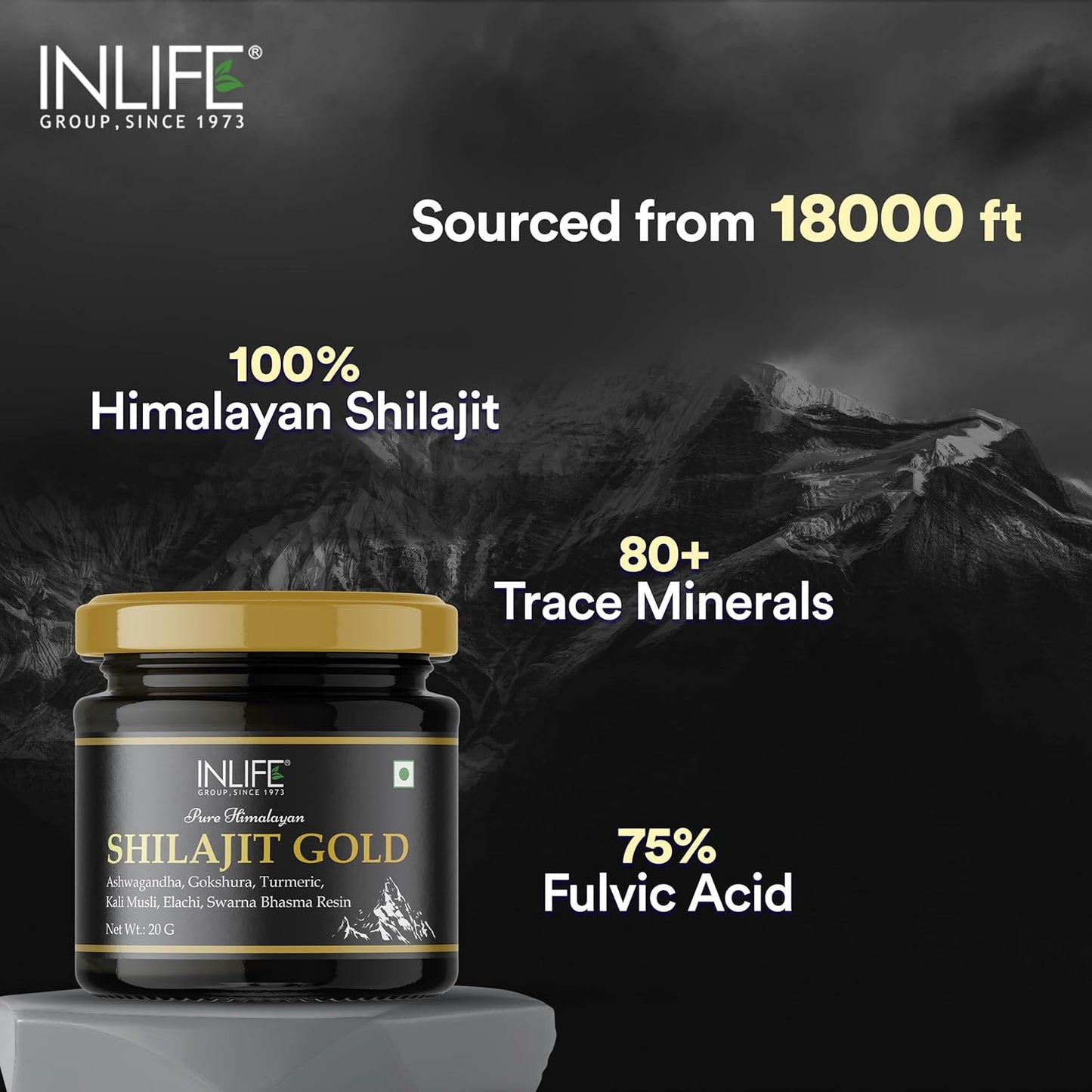 INLIFE Shilajit Gold 20g | Original Himalayan Shilajit Resin with Ashwagandha, Tribulus, Turmeric, Kali Musli for Strength, Endurance & Stamina | 75% Fulvic Acid | Lab Tested Ayurvedic Supplement