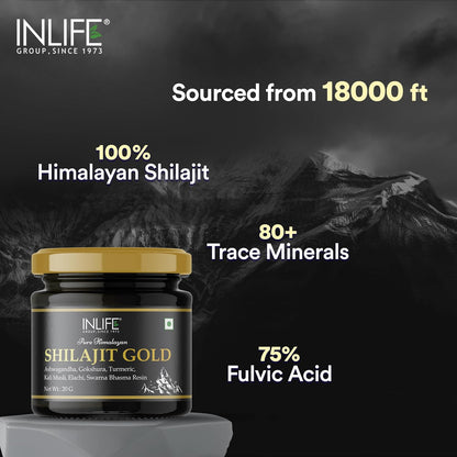 INLIFE Shilajit Gold 20g | Original Himalayan Shilajit Resin with Ashwagandha, Tribulus, Turmeric, Kali Musli for Strength, Endurance & Stamina | 75% Fulvic Acid | Lab Tested Ayurvedic Supplement