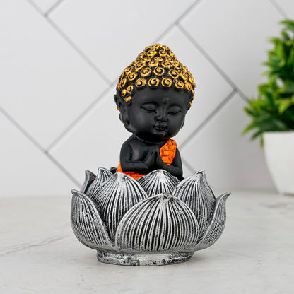 Laughing Buddha Baby Monk Idol Statue Showpiece Home Decor Items for Living Room and Gifts (Orange Black)