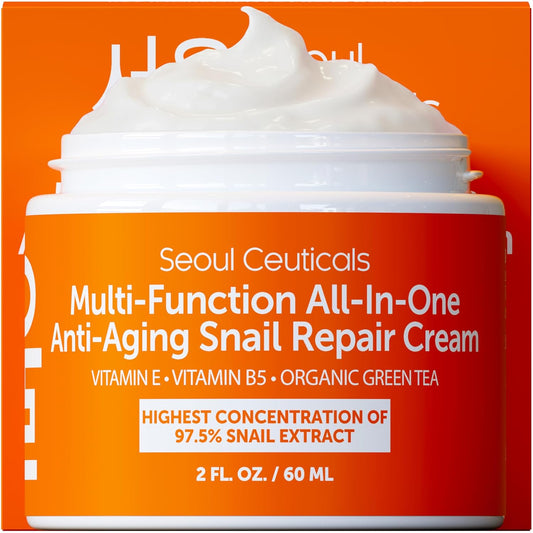 SeoulCeuticals 97.5% Snail Mucin Moisturizer for Face | 60ml Korean Skin Care Snail Mucin Cream with Aloe, Shea Butter & Jojoba | Lightweight, Non-Comedogenic Daily Repair Night Cream