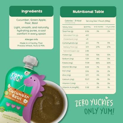 Rorosaur Ready to Eat Fruit & Veggie Baby Food Puree Pouch 100g each, Pk of 2 | Puree with Green Apple, Cucumber & Pear for 6+ Months Baby | 100% Natural, No Preservatives, No Added Sugar