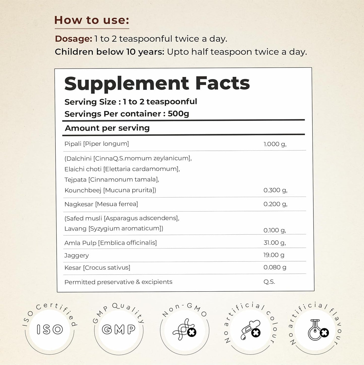 Supplement facts label with dosage instructions and ingredient list on a beige background