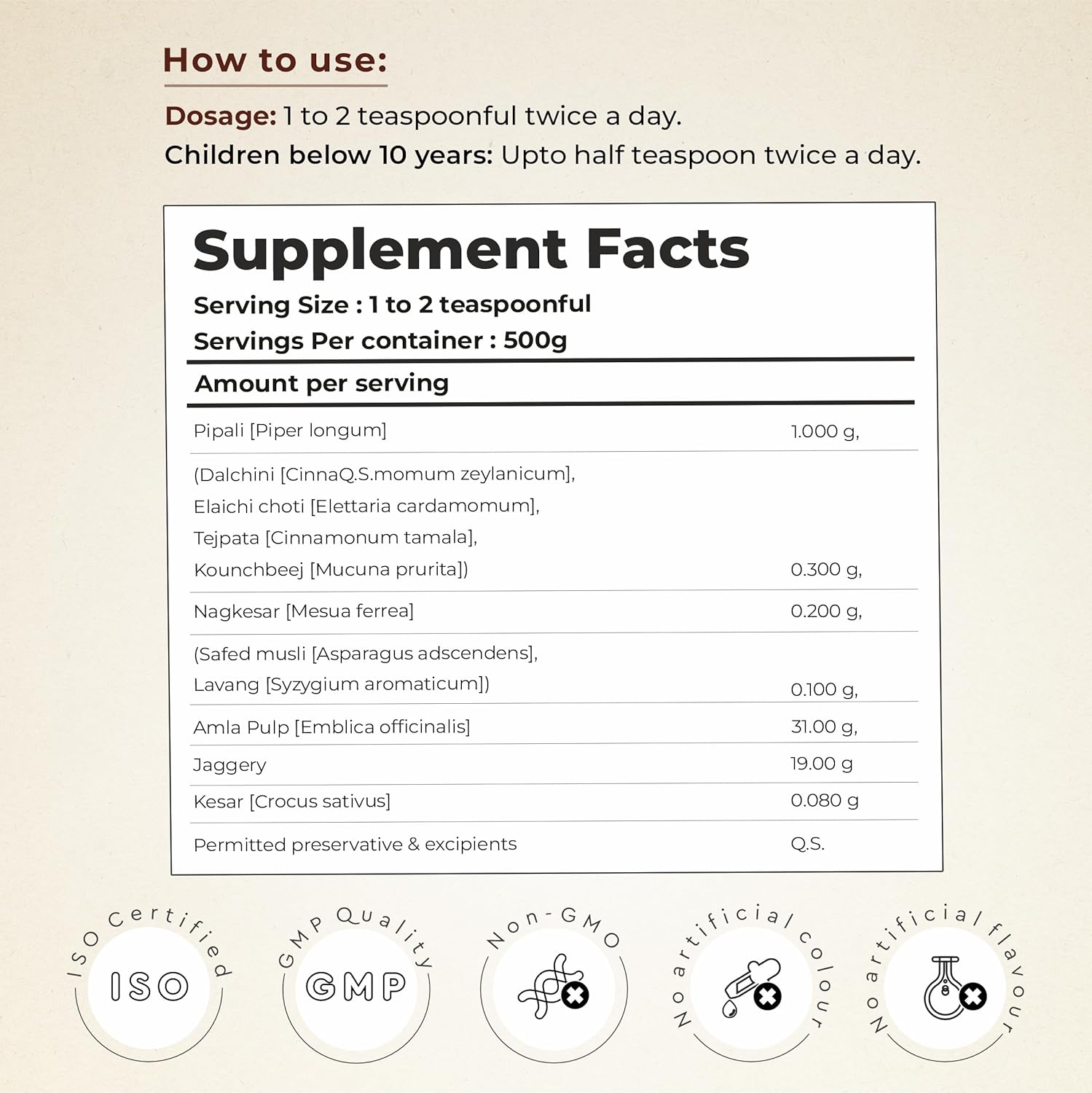 Supplement facts label with dosage instructions and ingredient list on a beige background