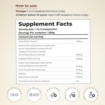 Supplement facts label with dosage instructions and ingredient list on a beige background