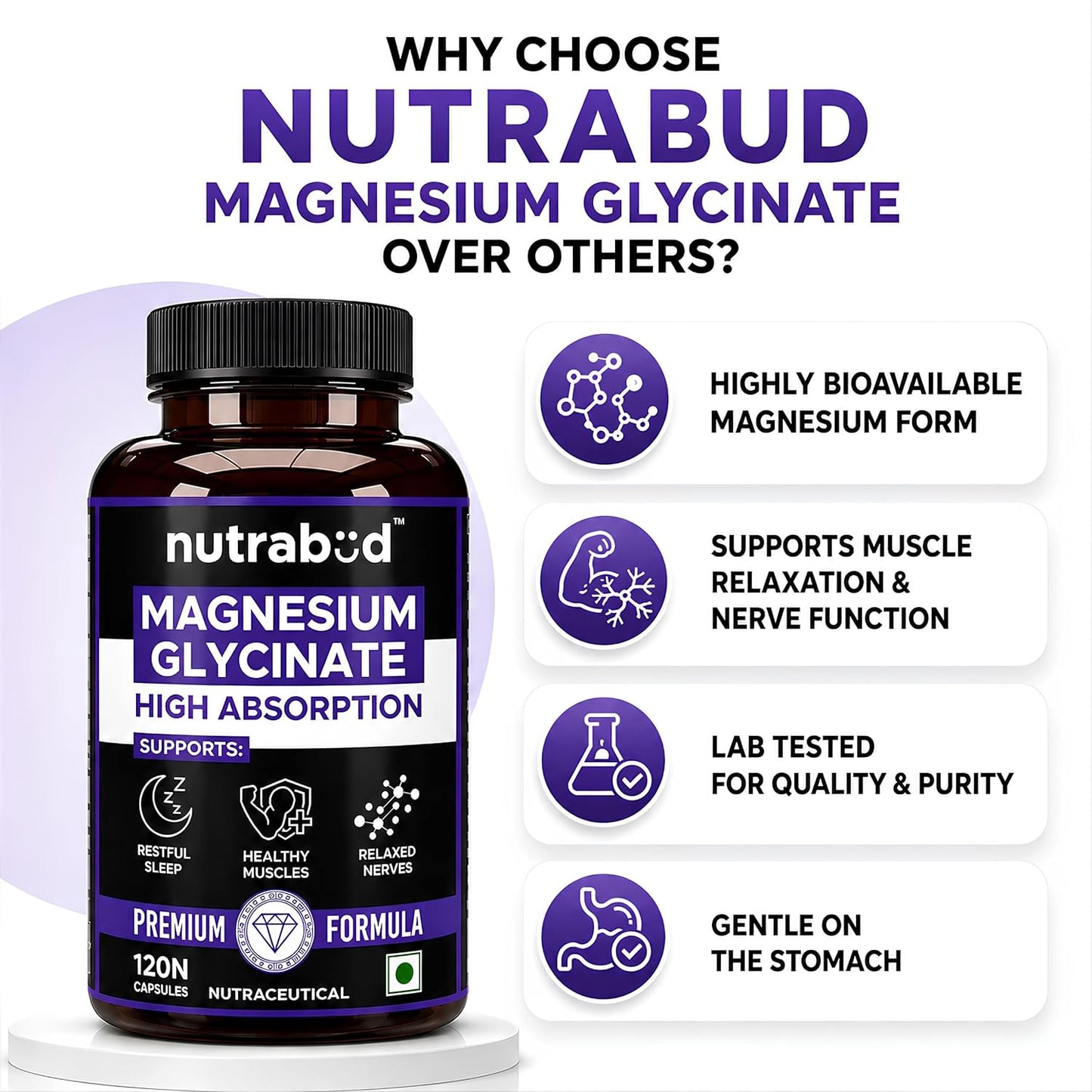 Nutrabud Magnesium Glycinate Supplement - 120 Vegetable Capsules - 550mg for Men, Women | High Absorption Chelated Form for Healthy Muscles, Nerves & Better Sleep (120 Count (Pack of 1))