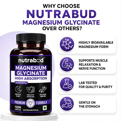 Nutrabud Magnesium Glycinate Supplement - 120 Vegetable Capsules - 550mg for Men, Women | High Absorption Chelated Form for Healthy Muscles, Nerves & Better Sleep (120 Count (Pack of 1))