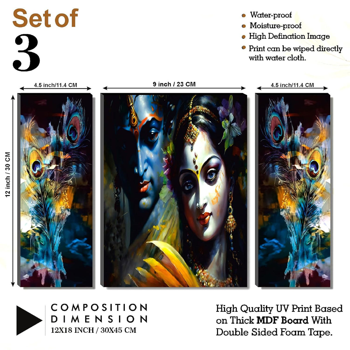 Radha Krishna Portrait & Peacock Feather Wall Art – Vibrant Spiritual Triptych Set of 3 | UV-Printed, Ready-to-Hang Home Décor (20 Inch x 12 Inch) JM-35288