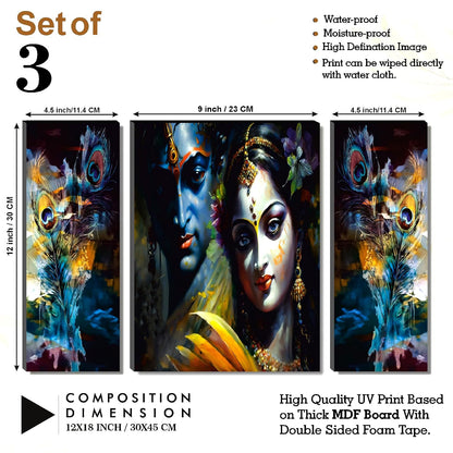 Radha Krishna Portrait & Peacock Feather Wall Art – Vibrant Spiritual Triptych Set of 3 | UV-Printed, Ready-to-Hang Home Décor (20 Inch x 12 Inch) JM-35288