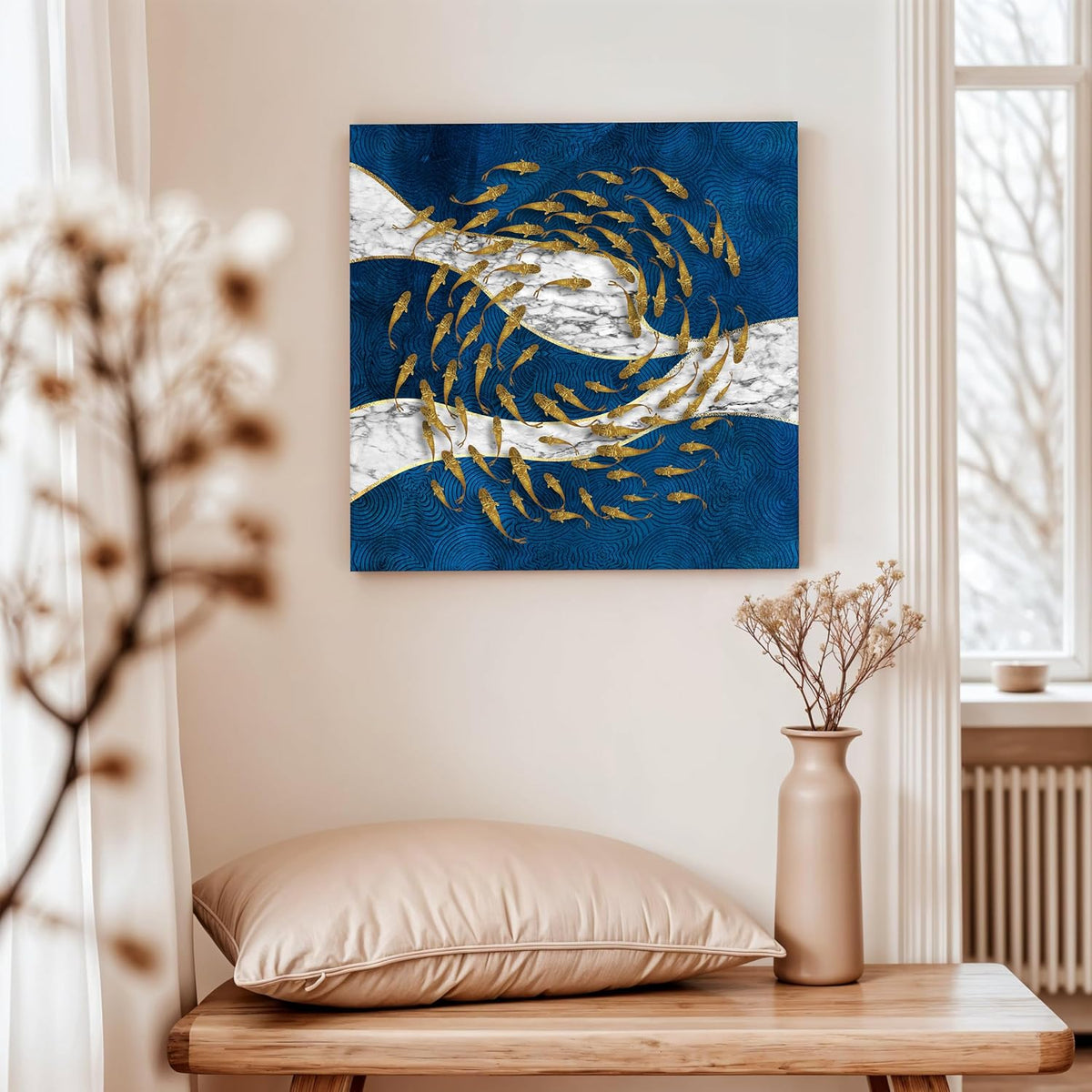 Nordic Moon Fish Stretched Canvas Painting for Living Room | Abstract Ocean Wildlife Wall Décor Art For Livingroom, Bedroom, Office, Hallways - 16x16 Inch
