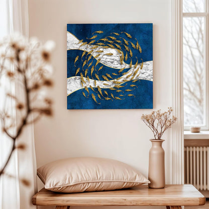 Nordic Moon Fish Stretched Canvas Painting for Living Room | Abstract Ocean Wildlife Wall Décor Art For Livingroom, Bedroom, Office, Hallways - 16x16 Inch