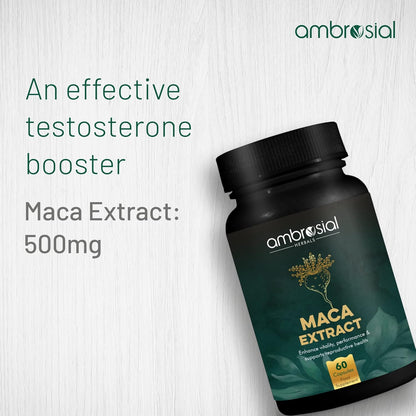Maca Extract supplement bottle with branding and text on a light background
