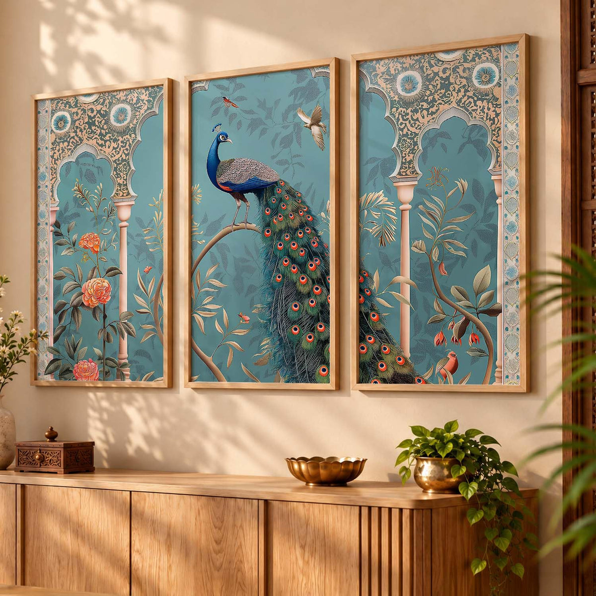 Indian Traditional Madhubani Big Size Wall Painting With Frame For Living Room Bed Room Hotel Wall Décor Digital Reprint Engineered Wood Set of 3 (Art 2, 10x13 inch, Framed)