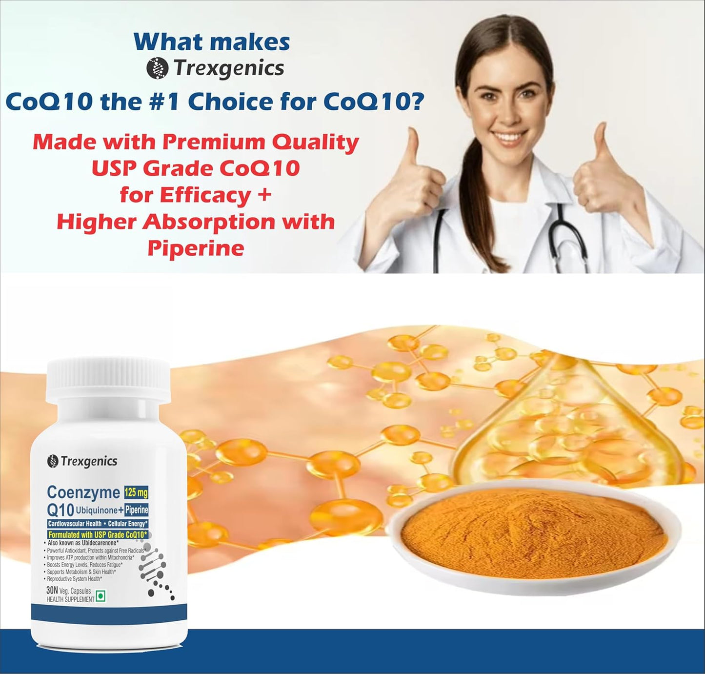 Advertisement for Trexegenics CoQ10 supplement with a doctor giving a thumbs up and an illustration of CoQ10 in the body.