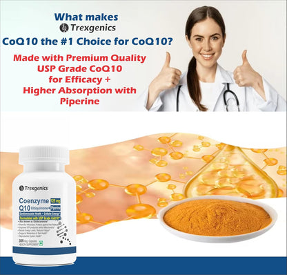 Advertisement for Trexegenics CoQ10 supplement with a doctor giving a thumbs up and an illustration of CoQ10 in the body.