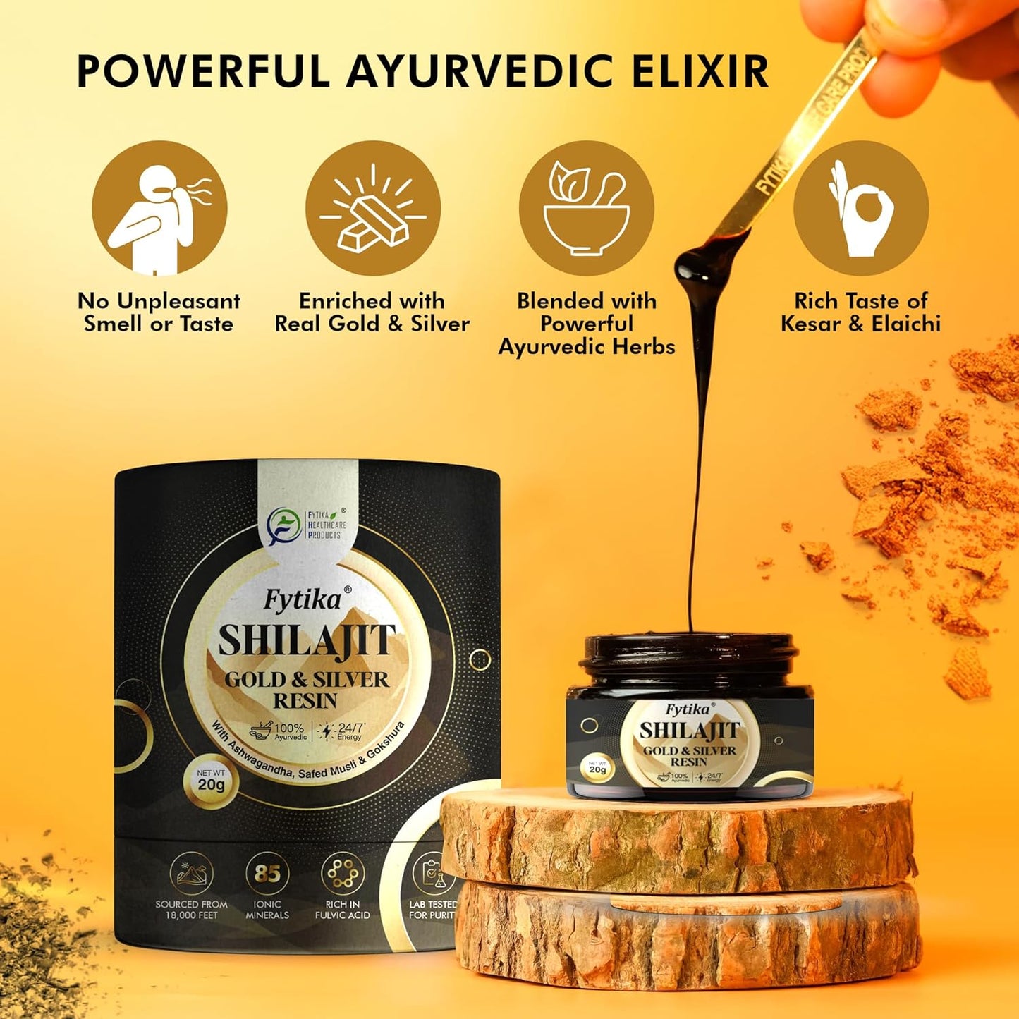 Fyтика Shilajit Gold & Silver Resin packaging with a spoonful of resin on a yellow background