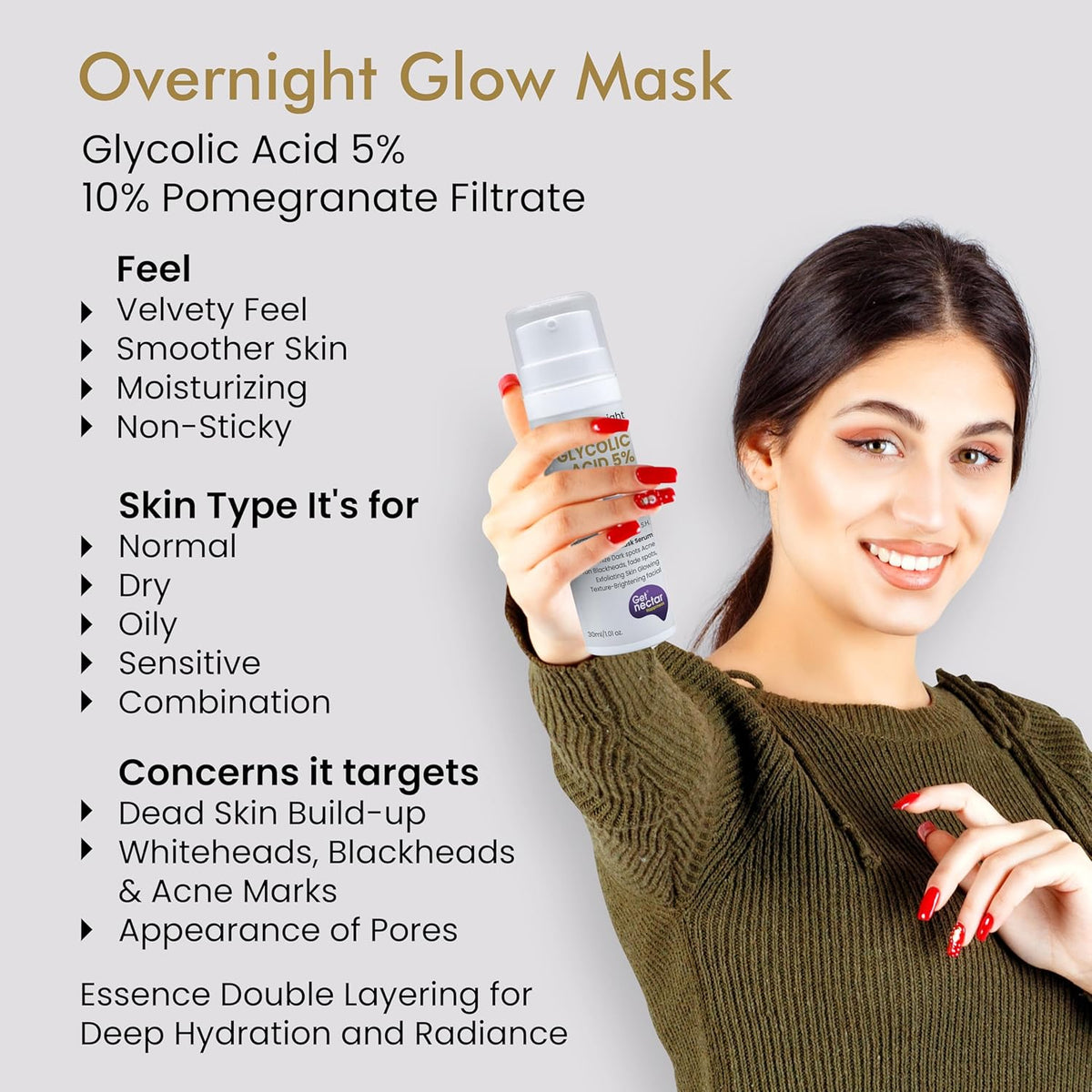 Woman holding a skincare product with text about an overnight glow mask featuring glycolic acid and pomegranate filtrate.