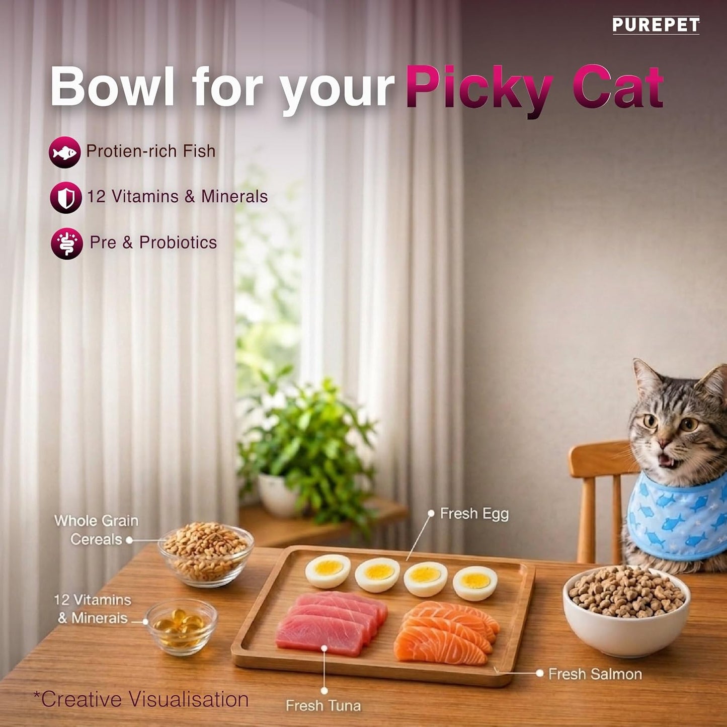 Purepet Adult Dry Cat Food 1kg | Tuna & Salmon Flavour | Hairball Protection | Heart Care with Taurine | Skin Health