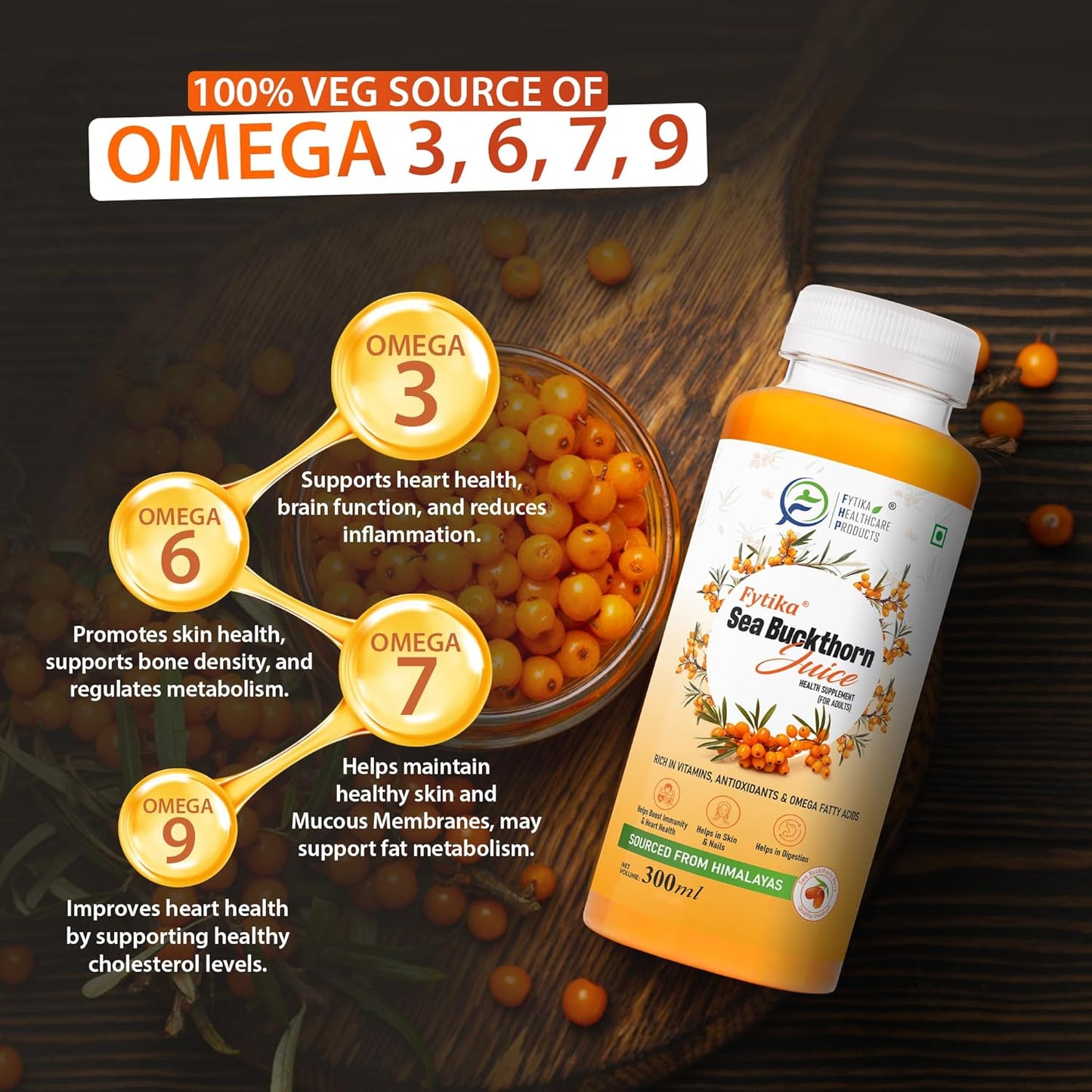 Sea buckthorn juice bottle with nutritional information on a wooden background