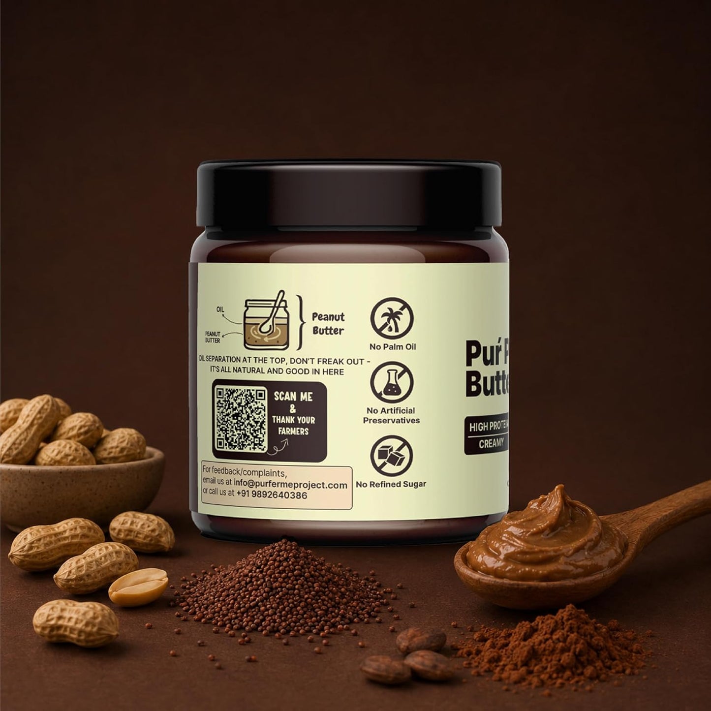 PurFerme Project Ragi & Cocoa with Jaggery Peanut Butter | Creamy (500 g) | Healthy Peanut Butter with Ragi & Cocoa