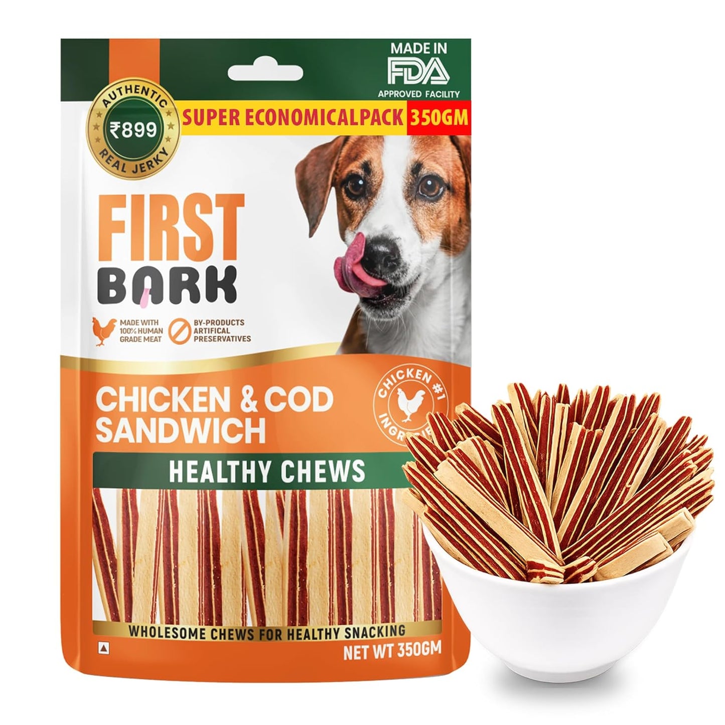 First Bark Dog Treats for Adult Dog & Puppy – Healthy Chews Chicken & Cod Fish Jerky for Dogs, Small Dogs & Shih Tzu | Dog Snacks & Puppy Treats – Chicken & Cod Sandwich (350g) x1