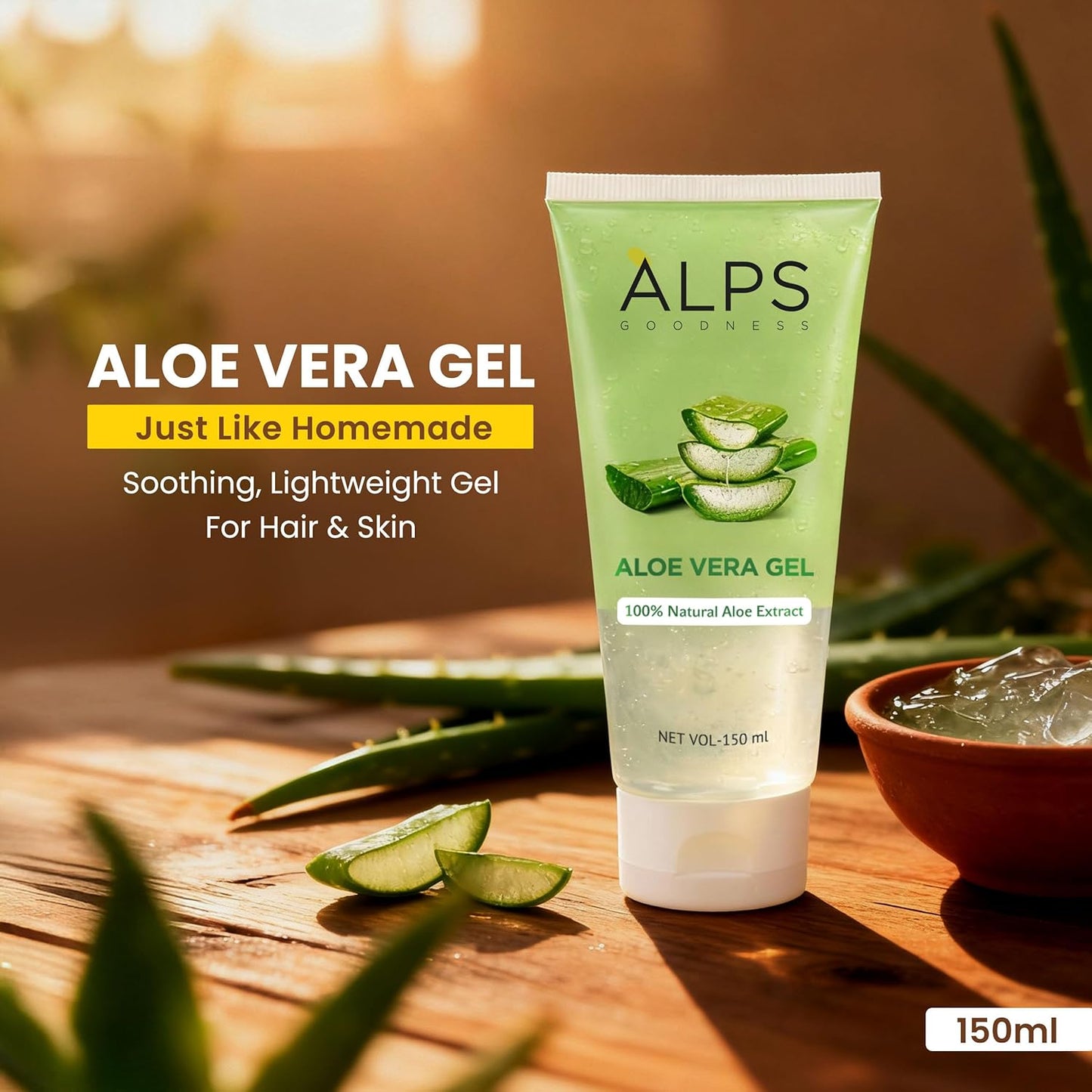 Alps Goodness Aloe Vera Gel, 150ml | 100% Natural Aloe Extract | Hydrating Cooling & Soothing Gel for Face, Hair & Body | Helps Calm Sunburn, Razor Burns & Dryness | Lightweight | Paraben-Free