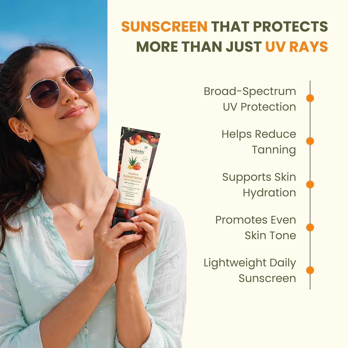 WellWith SPF 50 PA ++++ Whipped Sunscreen with Sea Buckthorn , Aloe Vera , Vitamin E | Broad Spectrum UVA & UVB Protection | Hyper Pigmentation , Lightweight, Hydrating , Non-Greasy | Daily Sunscreen for All Skin Types | 50gm