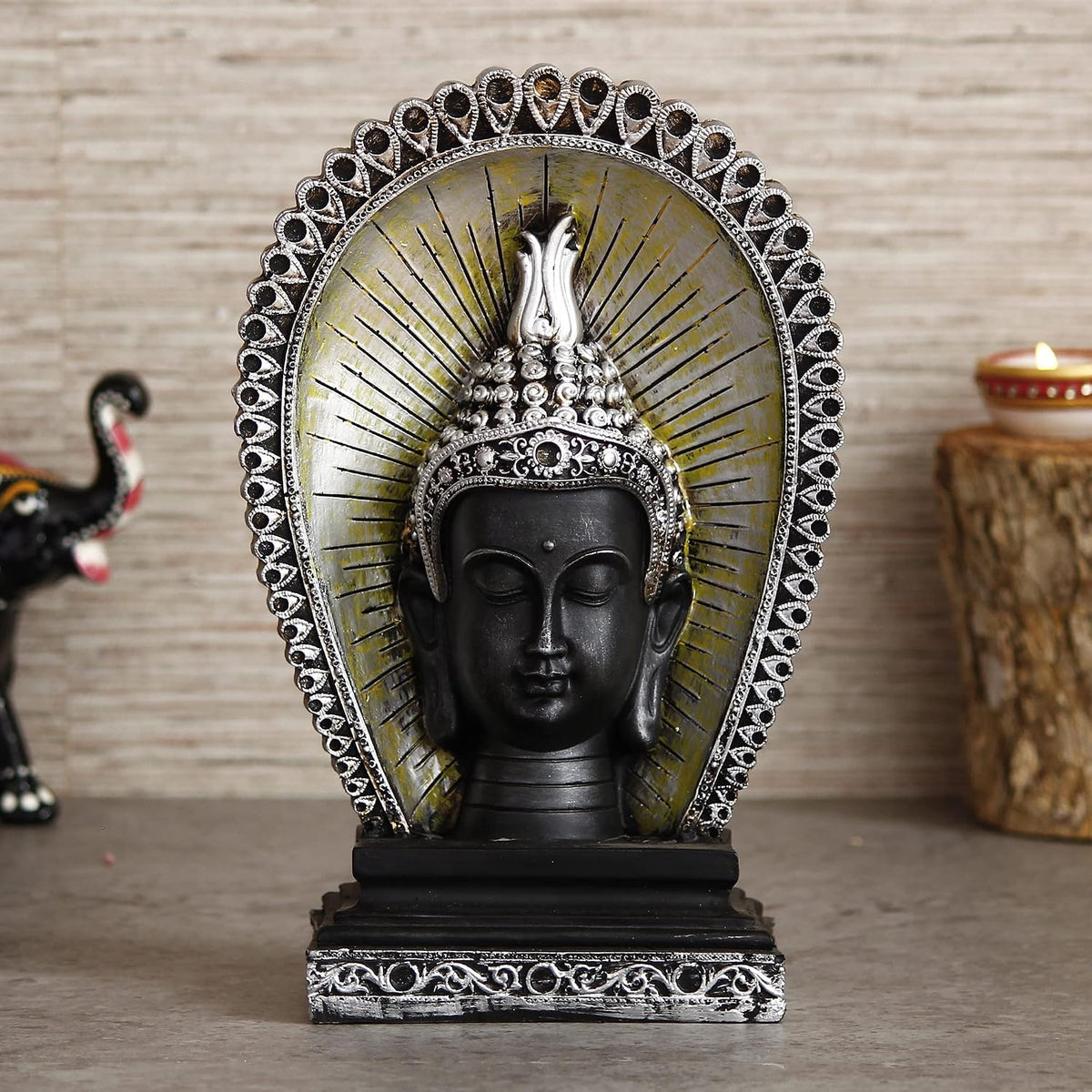 Silver Black Resin Lord Buddha Head Statue with Back Cover | Buddha Idol for Home Decor Living Room Office | Buddha Statue Gift for Diwali Housewarming Buddha Purnima Birthday