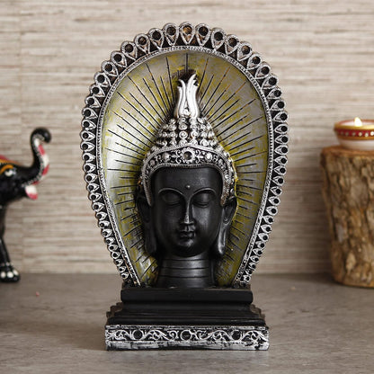 Silver Black Resin Lord Buddha Head Statue with Back Cover | Buddha Idol for Home Decor Living Room Office | Buddha Statue Gift for Diwali Housewarming Buddha Purnima Birthday